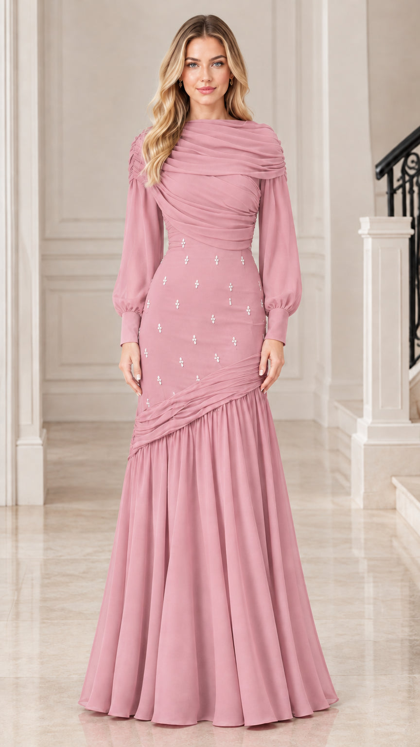 Model wearing Dusty Rose long sleeve formal gown with crystal embellishments