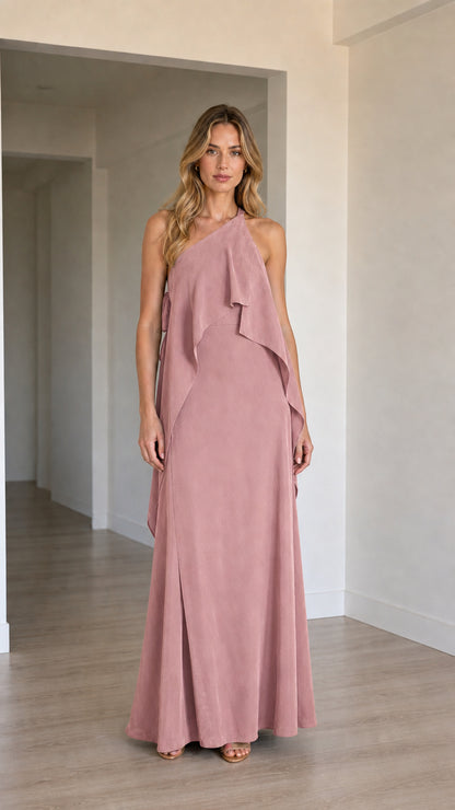 Front view of model wearing the one-shoulder cascading ruffle maxi dress in dusty rose