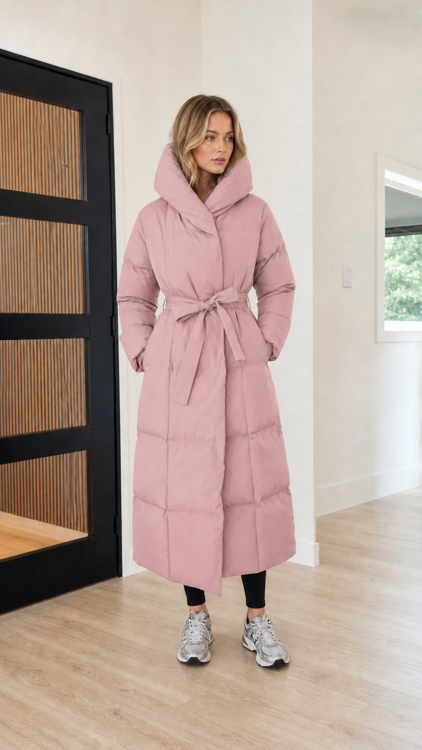 Women's hooded longline quilted puffer coat in dusty pink
