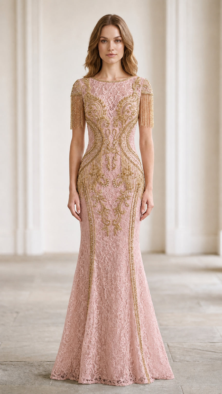 Front view of blush pink lace evening gown with elegant gold beadwork and tassel details