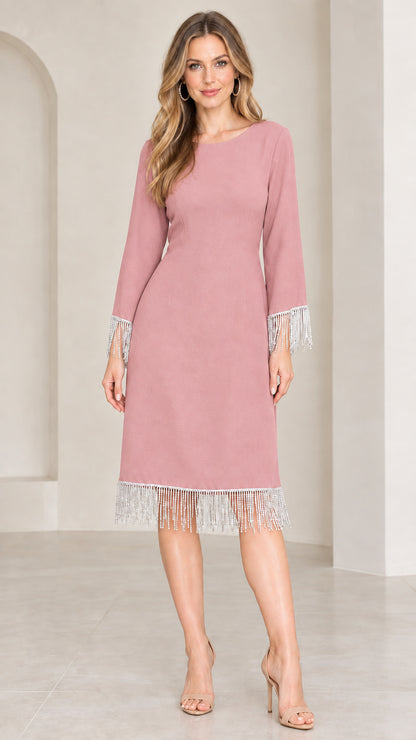 Front view of dusty pink knee-length cocktail dress with rhinestone fringe