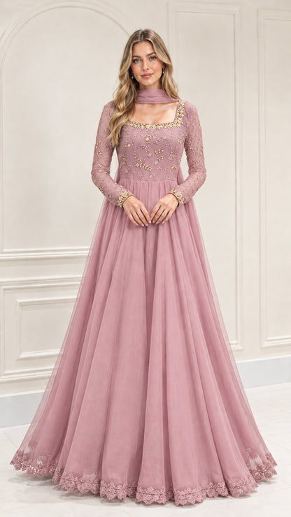 Dusty pink embroidered long sleeve A-line formal evening gown