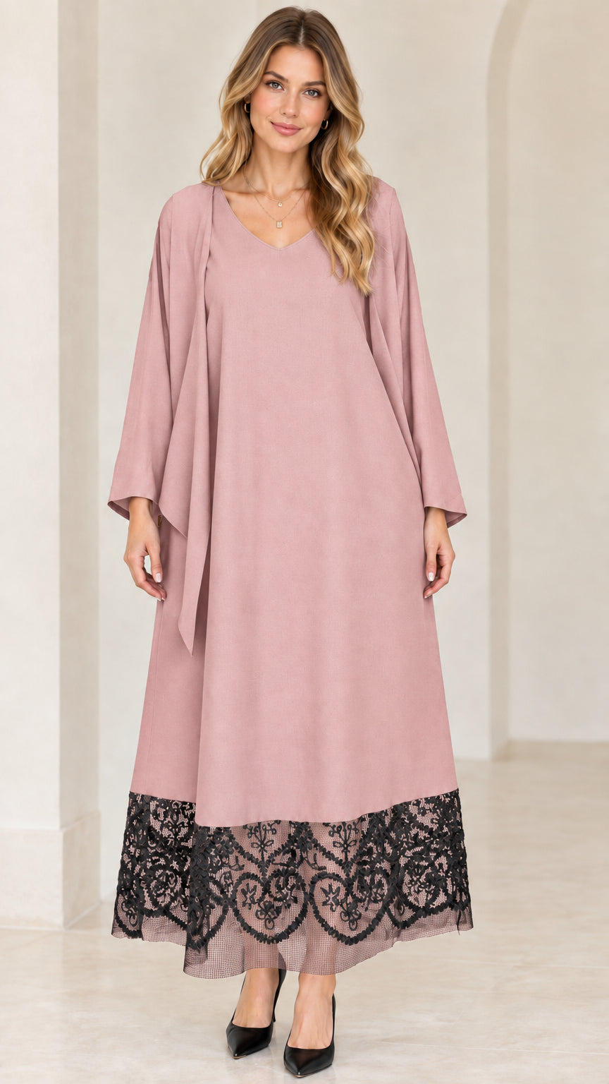 Dusty rose pink V-neck maxi dress with black lace hem and overlay