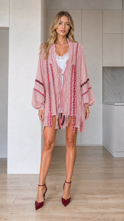 Front view of dusty pink embroidered open-front boho kimono cardigan