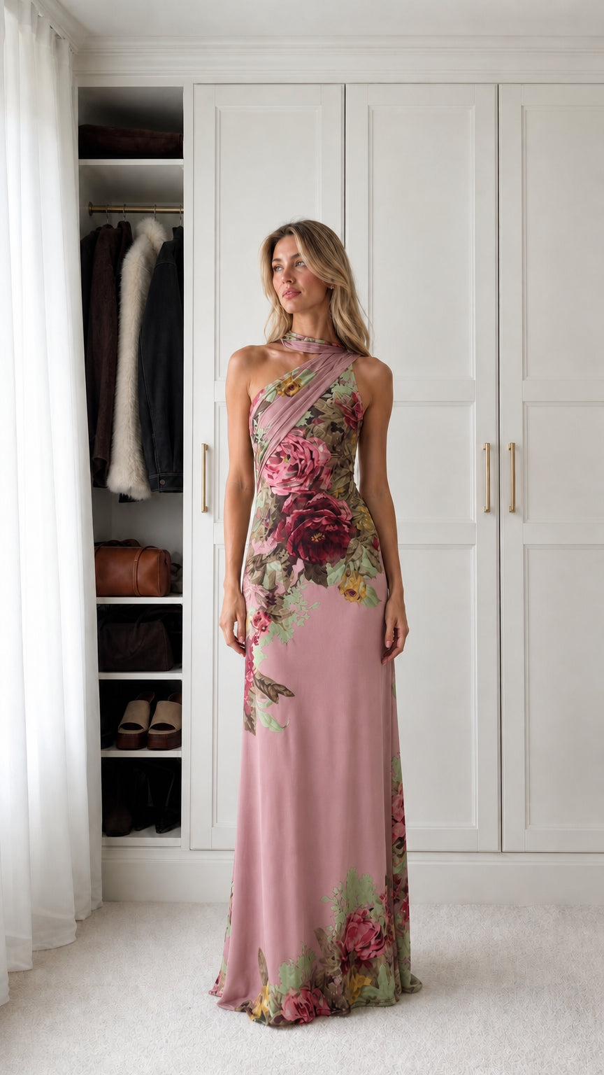 Dusty Pink floral halter maxi dress front view