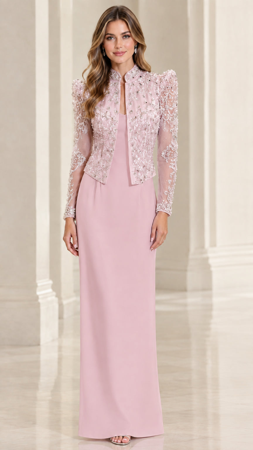 Dusty pink formal column dress with matching beaded lace jacket