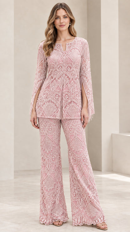 Blush pink lace tunic and wide-leg trousers two-piece set