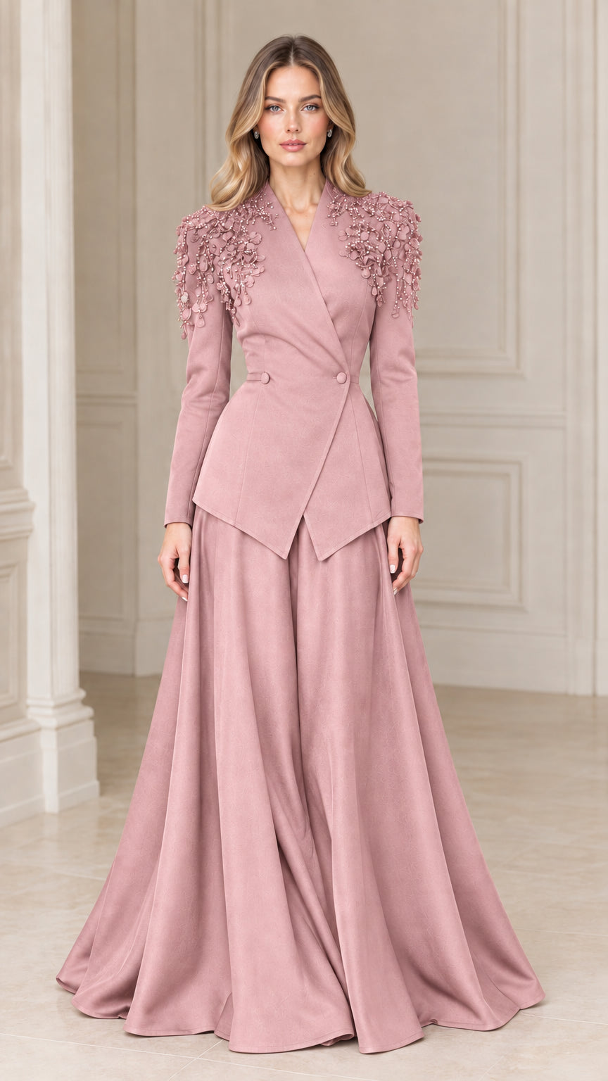 Dusty rose two-piece embellished shoulder peplum blazer and maxi skirt evening suit