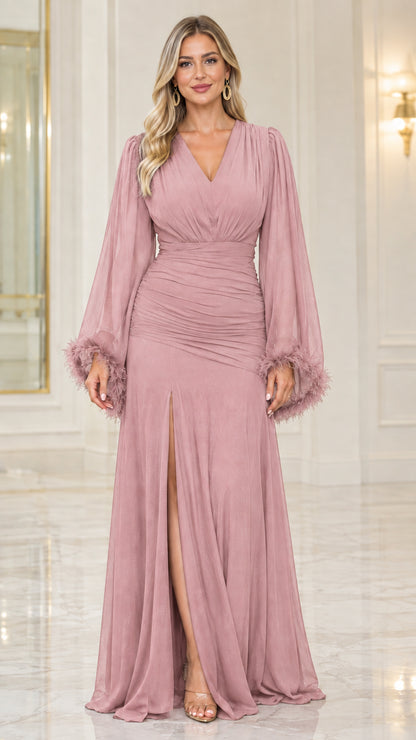 Front view of dusty pink ruched formal maxi dress with sheer feather sleeves