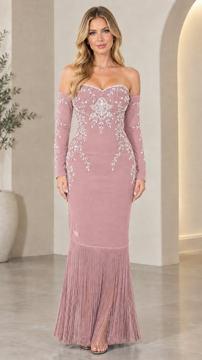 Mauve pink off-the-shoulder embellished fringe mermaid evening gown