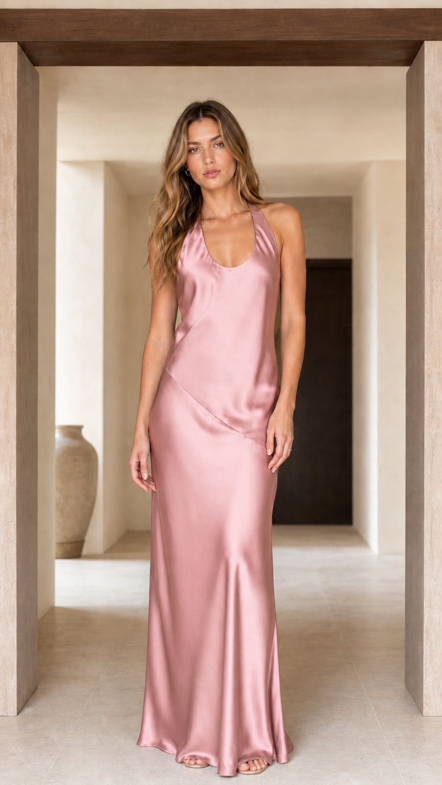 Front view of blush pink halter neck backless satin evening dress