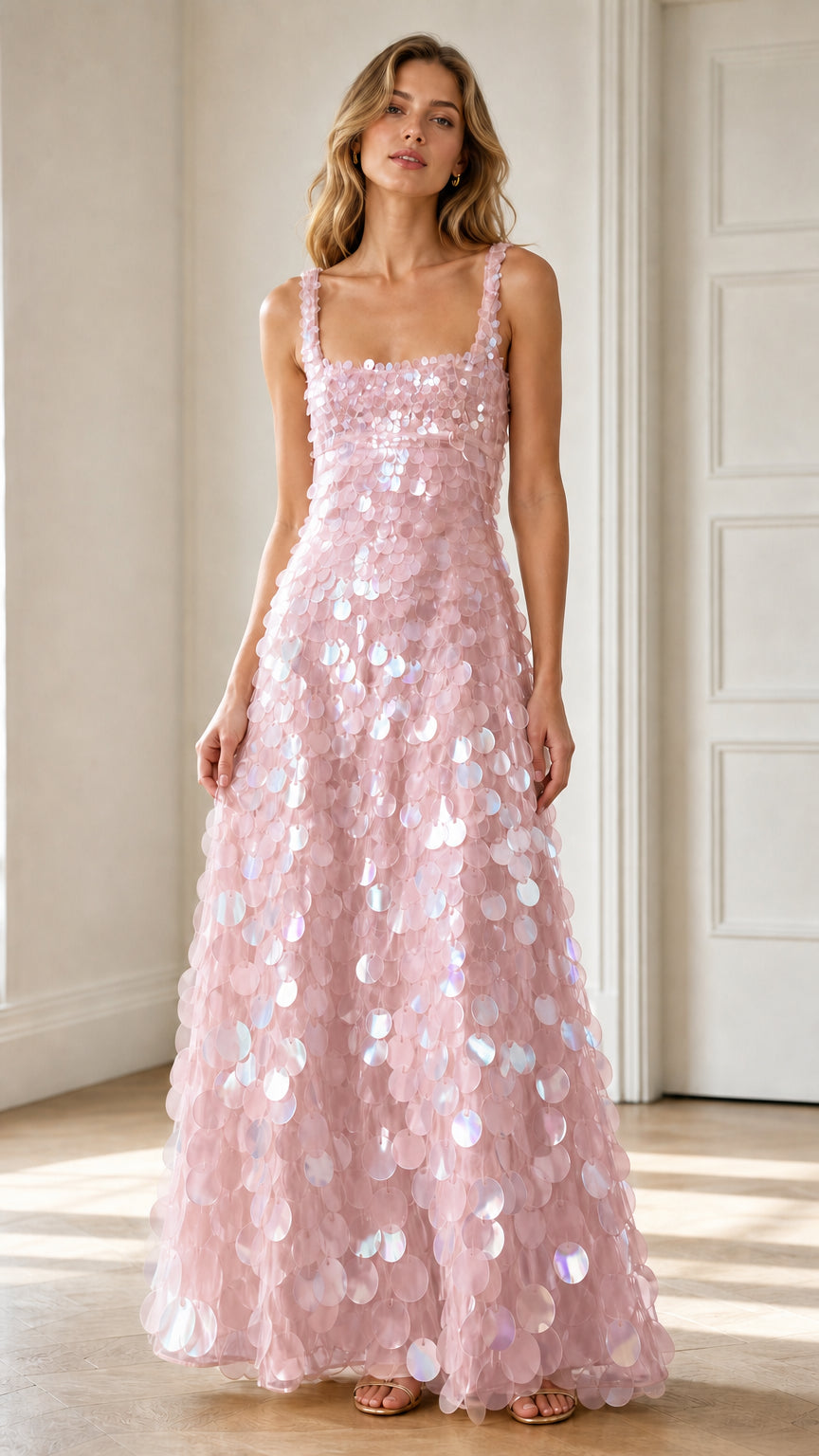 Full-length front view of blush pink shimmering paillette sequin maxi dress