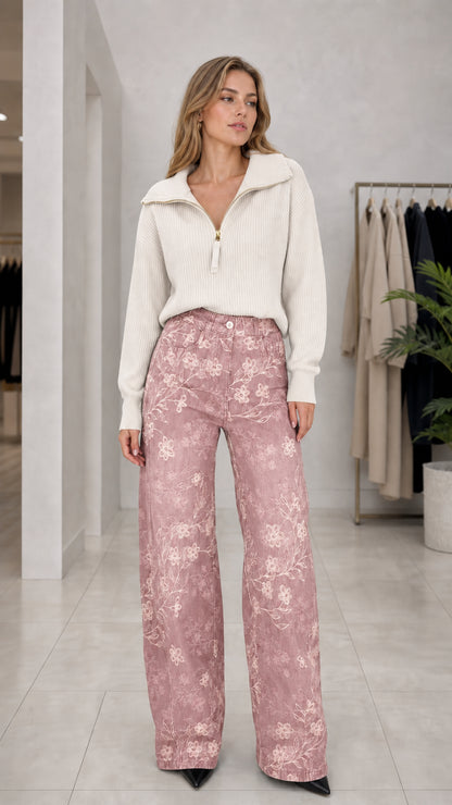 Full front view of Dusty Pink floral embroidered wide leg high rise trousers