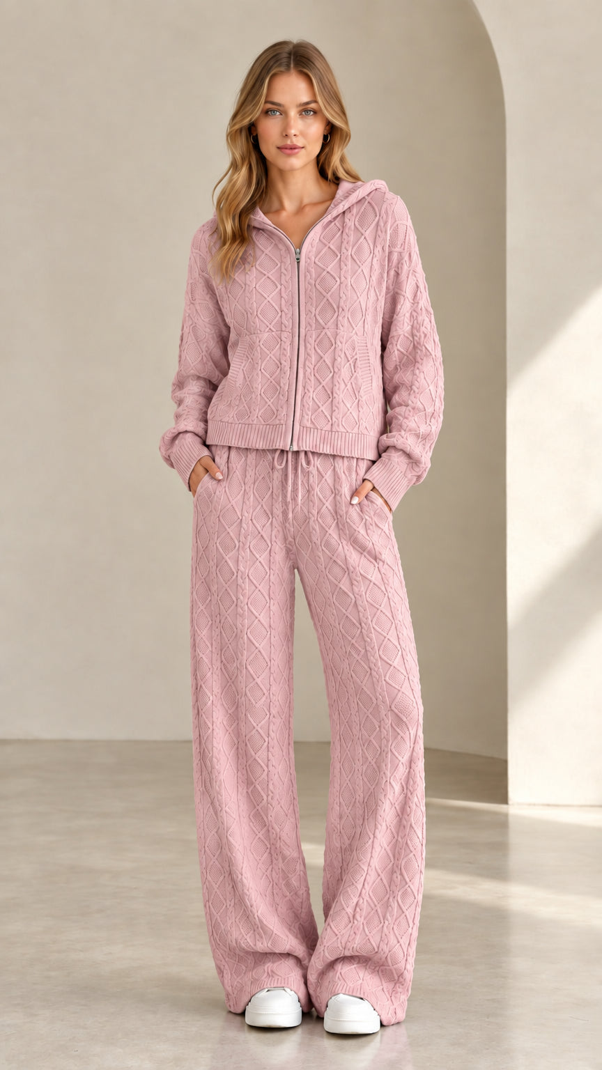 Women's pink cable knit zip-up hoodie and wide leg pants set