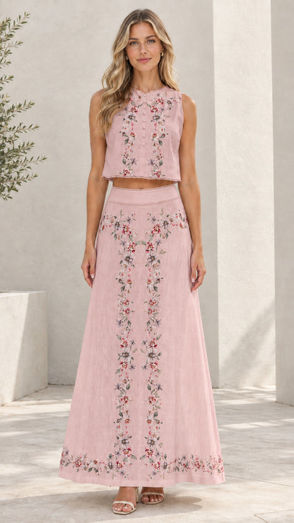 Blush pink two-piece floral embroidered sleeveless crop top and maxi skirt set