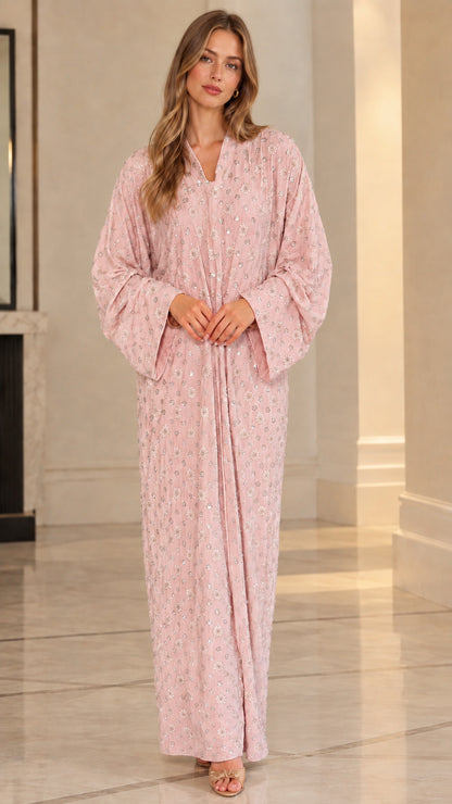 Blush pink floral sequin embroidered kaftan maxi dress on model