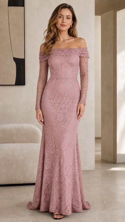 Front view of model wearing dusty rose pink lace off-the-shoulder evening gown