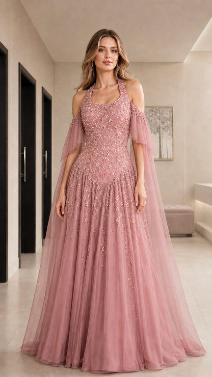Dusty rose cold-shoulder halter beaded tulle ball gown