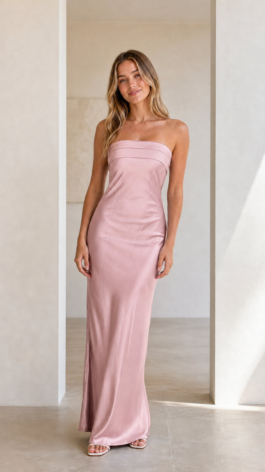 Front view of model wearing a blush pink strapless satin maxi dress