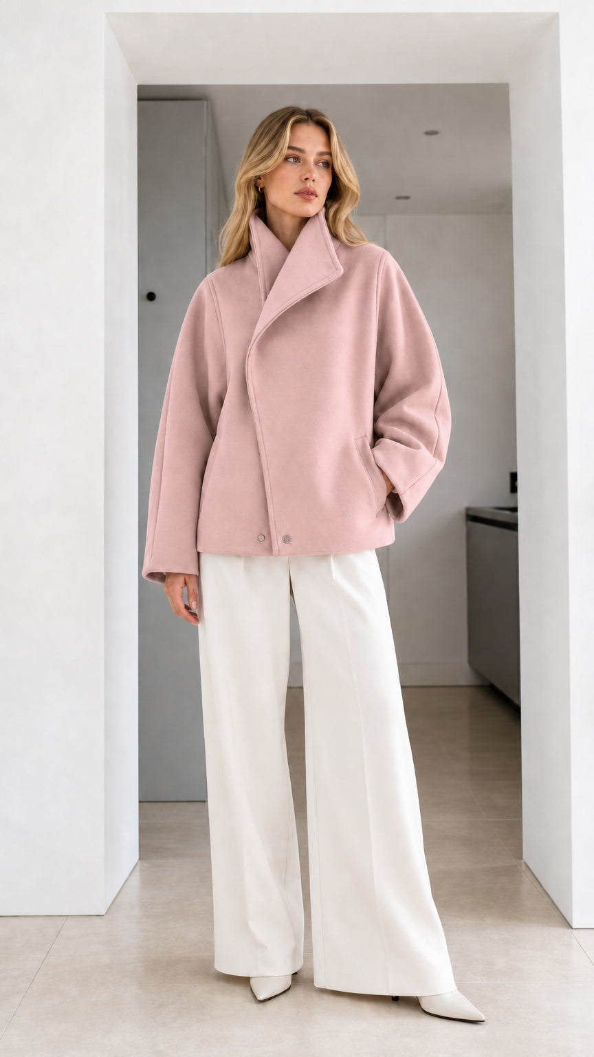 Full-length view of model wearing dusty pink high-neck tailored jacket