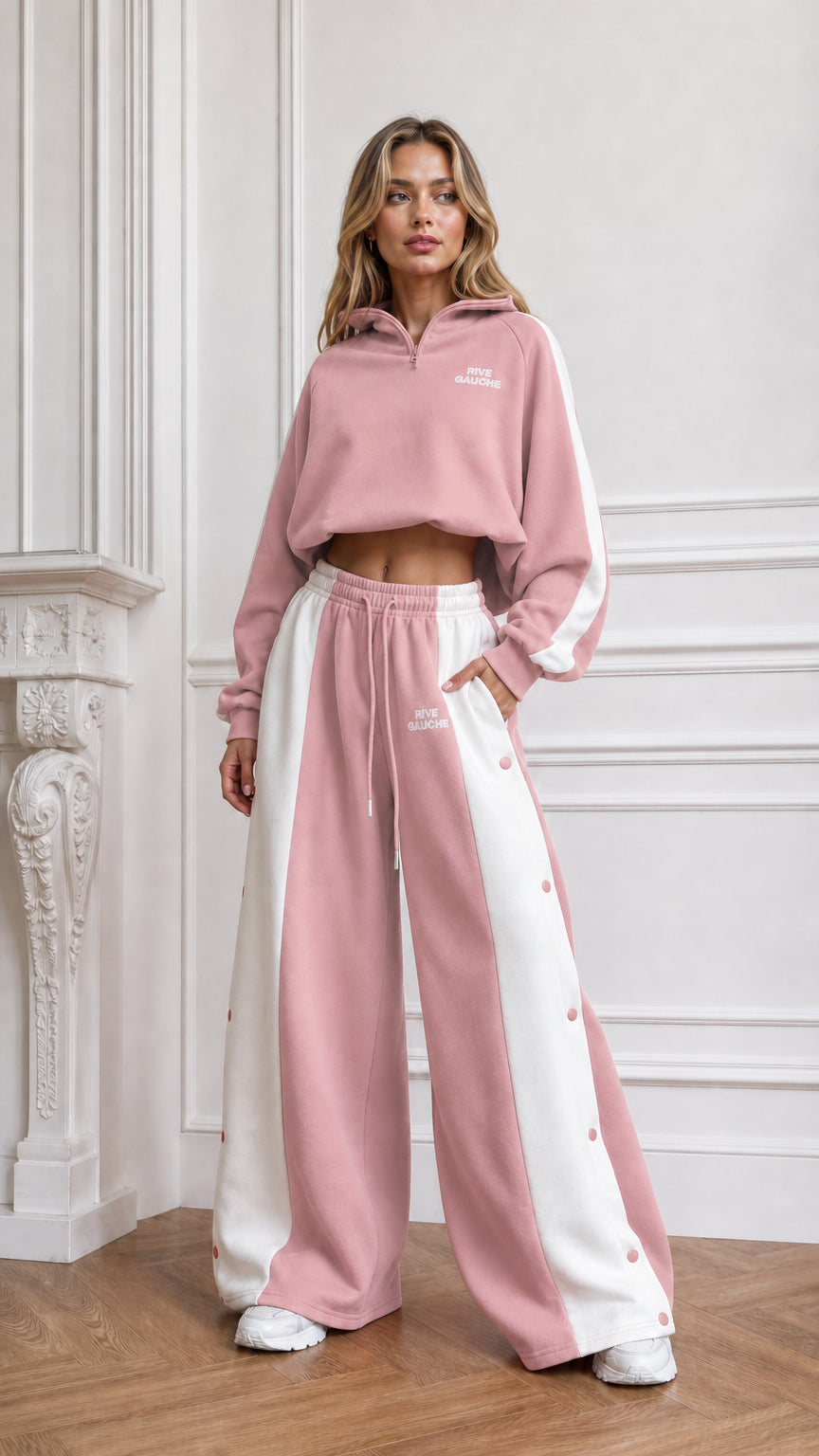 Dusty pink cropped hoodie and wide-leg side-snap track pants two-piece set