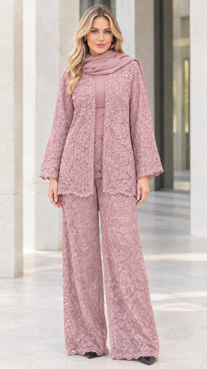Full-body view of dusty rose pink sequined floral lace pant suit set with scarf