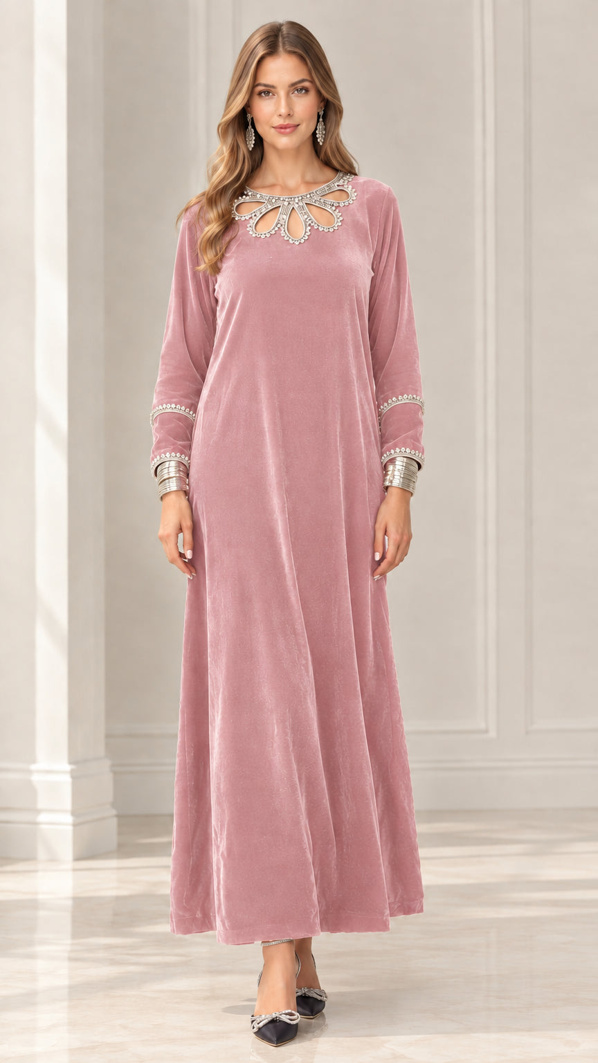 Dusty Pink long sleeve velvet maxi dress with embellished crystal neckline