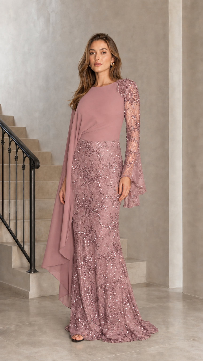 Dusty rose cape sleeve embellished sequin lace formal evening gown