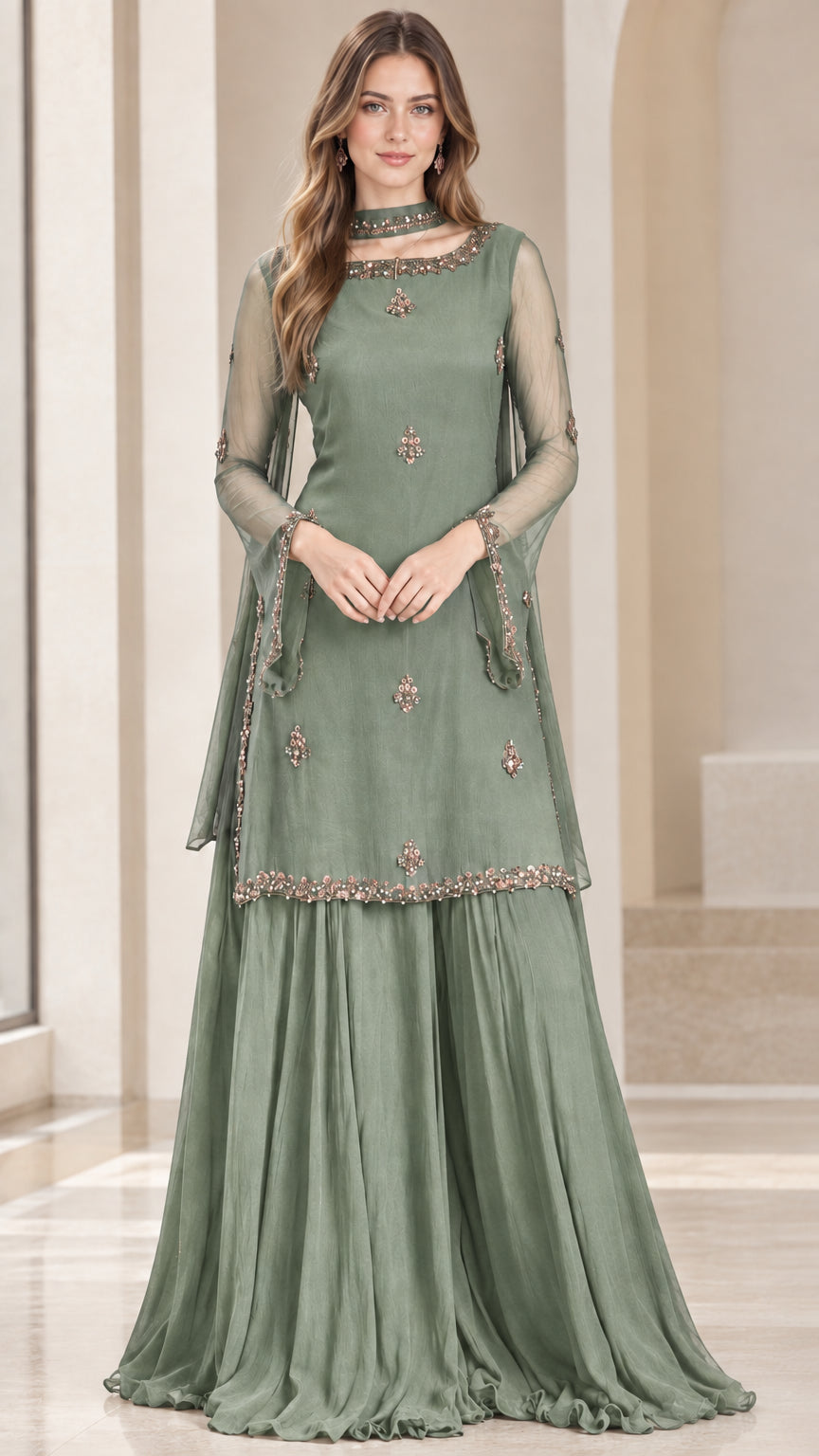 Model wearing sage green beaded tunic and flared wide-leg pants set
