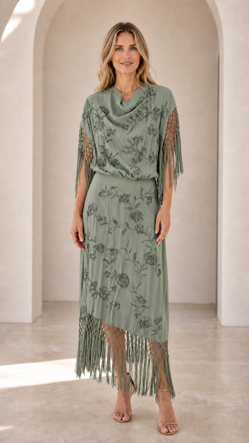 Sage green floral embroidered draped maxi dress with fringe hem