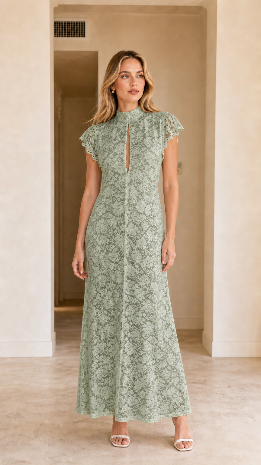 Model wearing sage green mock neck lace formal gown