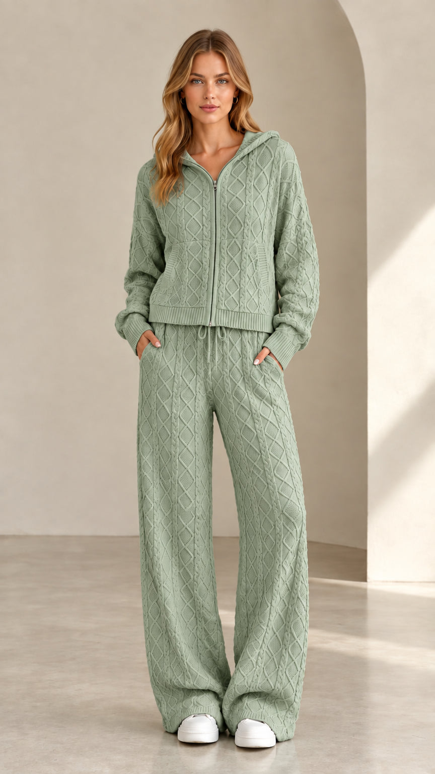 Women's sage green cable knit zip-up hoodie and wide leg pants set