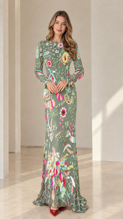 Sage green floral sequin embroidered maxi dress with long sleeves