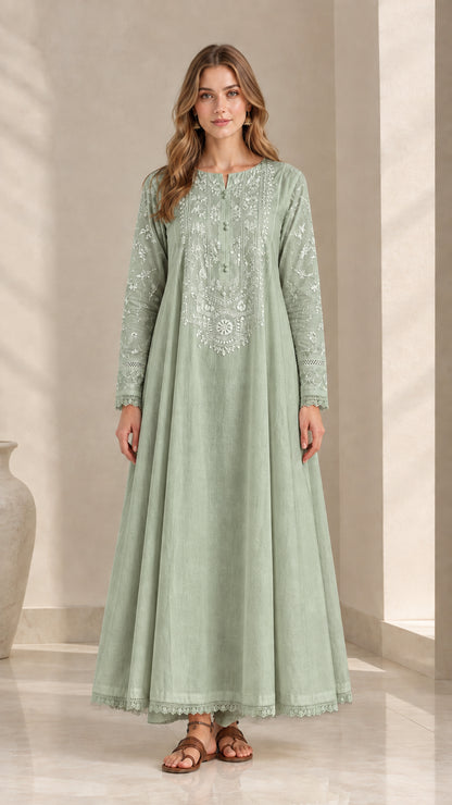 Sage green embroidered long sleeve maxi dress front view