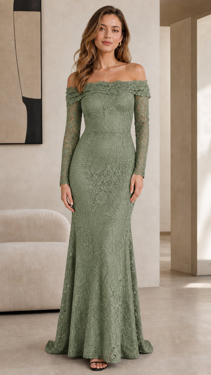 Front view of model wearing sage green off-the-shoulder long sleeve lace maxi dress