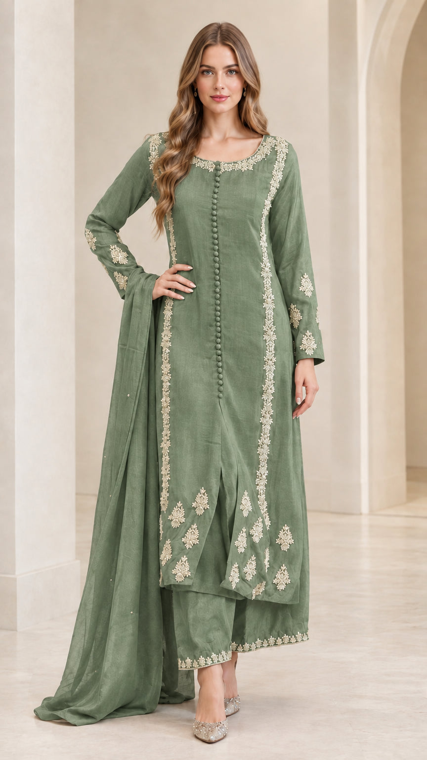 Full front view of women's sage green embroidered kurta pant set with dupatta
