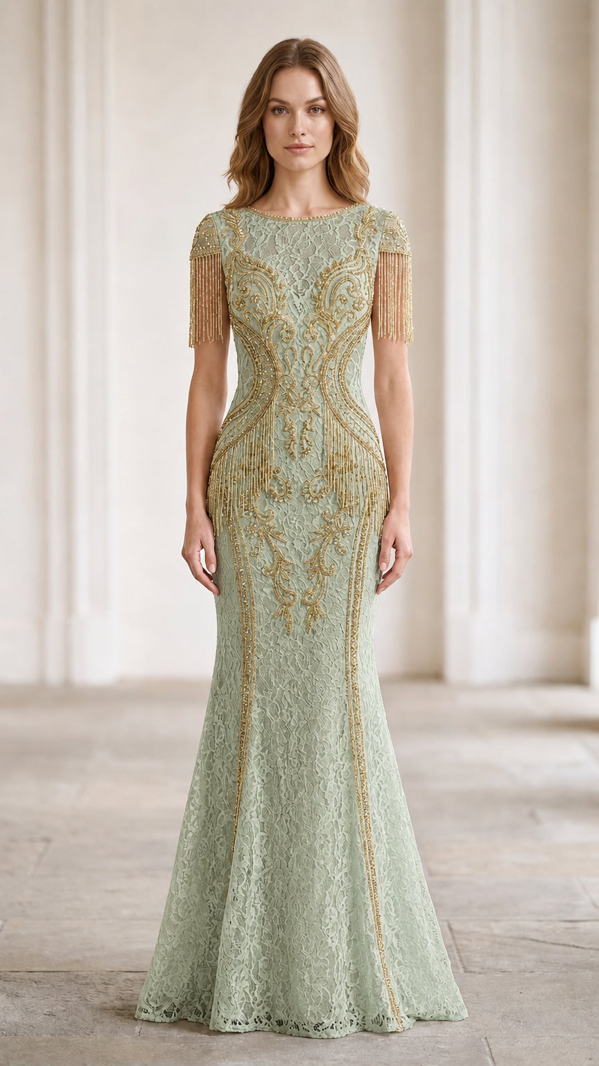 Front view of sage green lace formal gown adorned with gold baroque embroidery and fringe sleeves