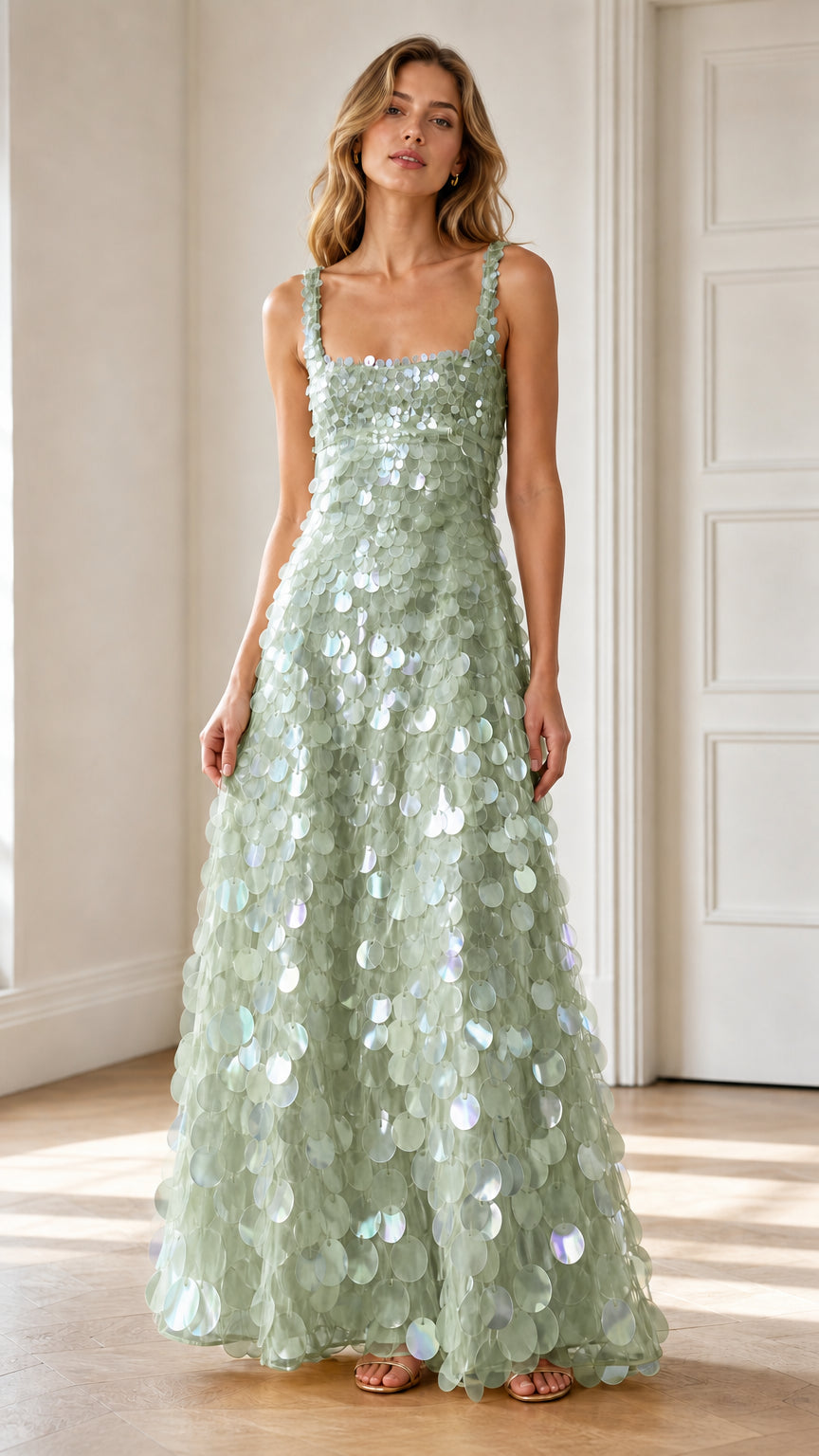 Full-length front view of sage green sequined A-line evening dress