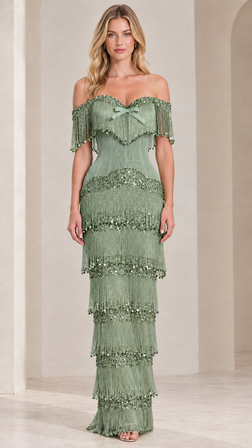 Front view of sage green off-shoulder tiered fringe maxi evening dress