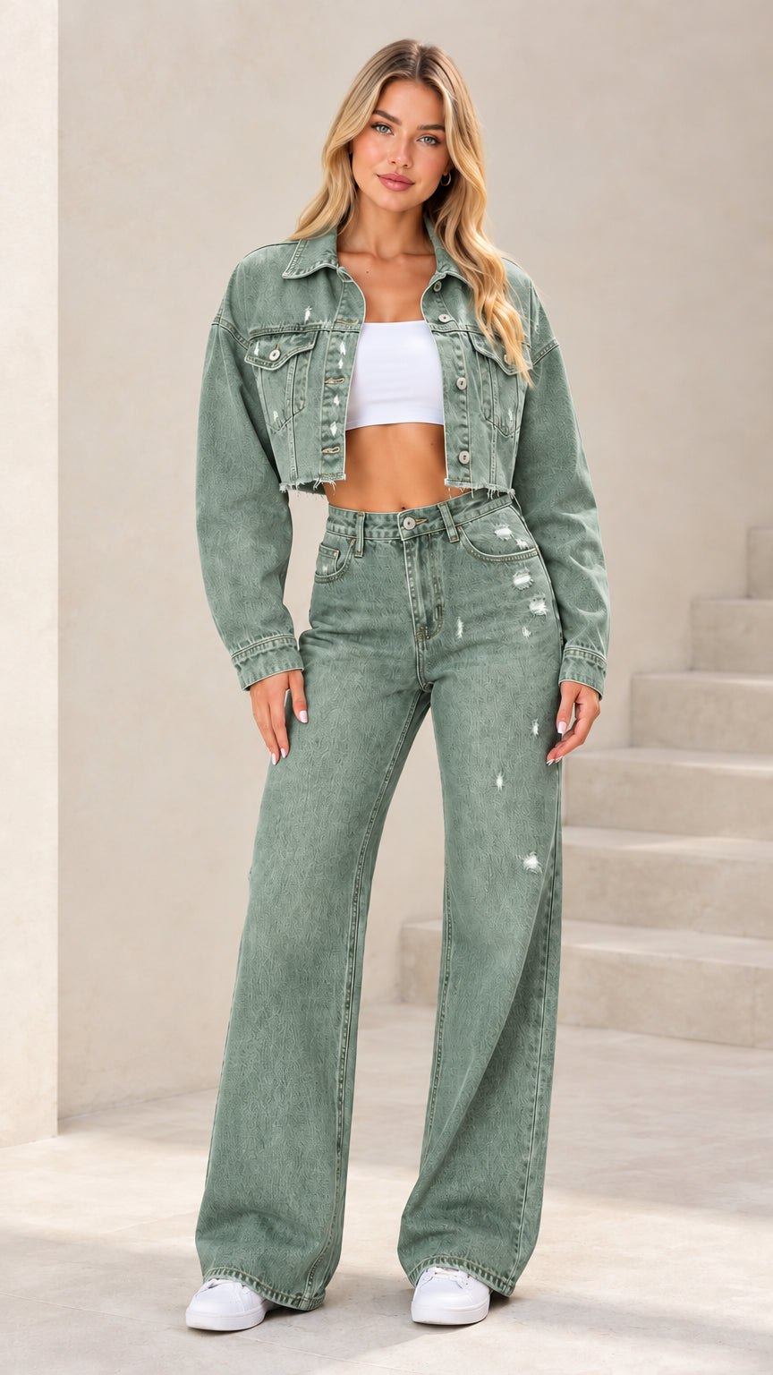 Full-length studio shot of woman wearing Sage Green 2-piece matching denim set