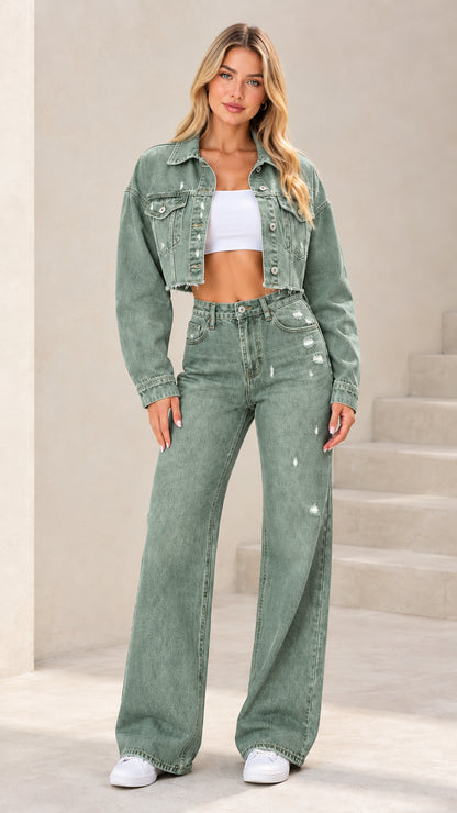Full-length studio shot of woman wearing Sage Green 2-piece matching denim set