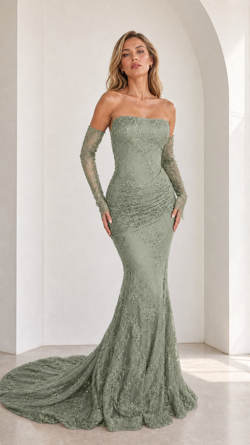 Sage green strapless beaded lace mermaid formal dress
