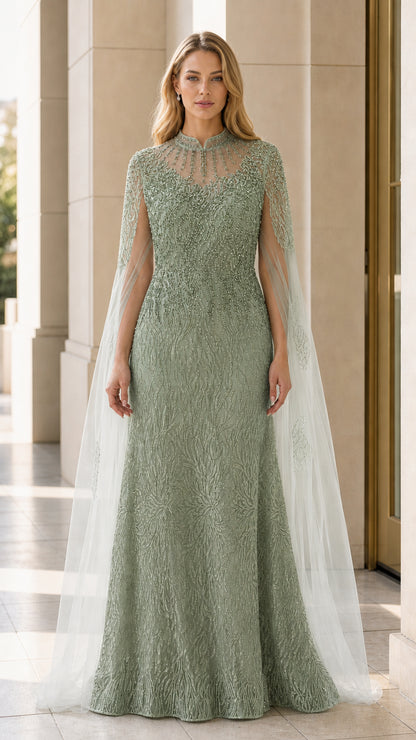 Full length sage green embellished evening gown with sheer cape overlay