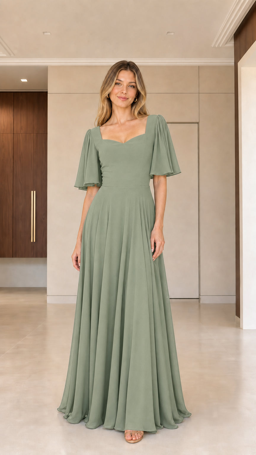 Woman wearing sage green sweetheart flutter sleeve flowy evening gown