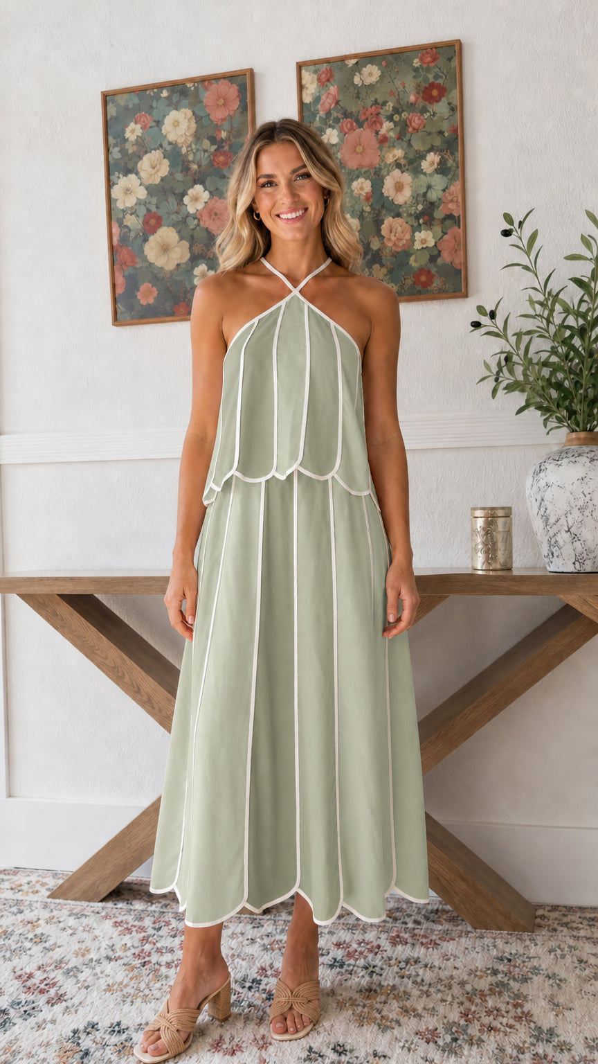 Front view of solid Sage Green halter scalloped tiered midi dress