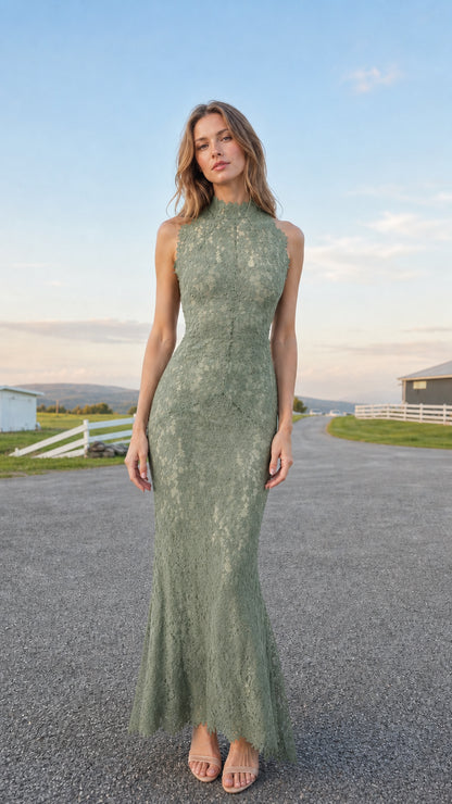Model wearing sage green sleeveless high neck lace maxi dress