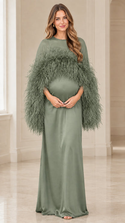 Sage green illusion neck feather trim maternity maxi dress