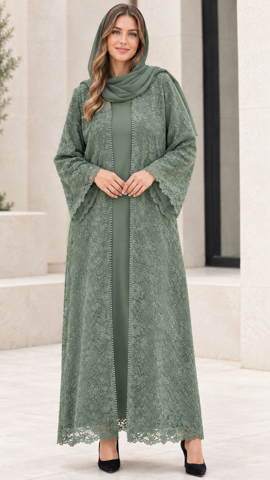 Women's sage green floral lace overlay maxi abaya set