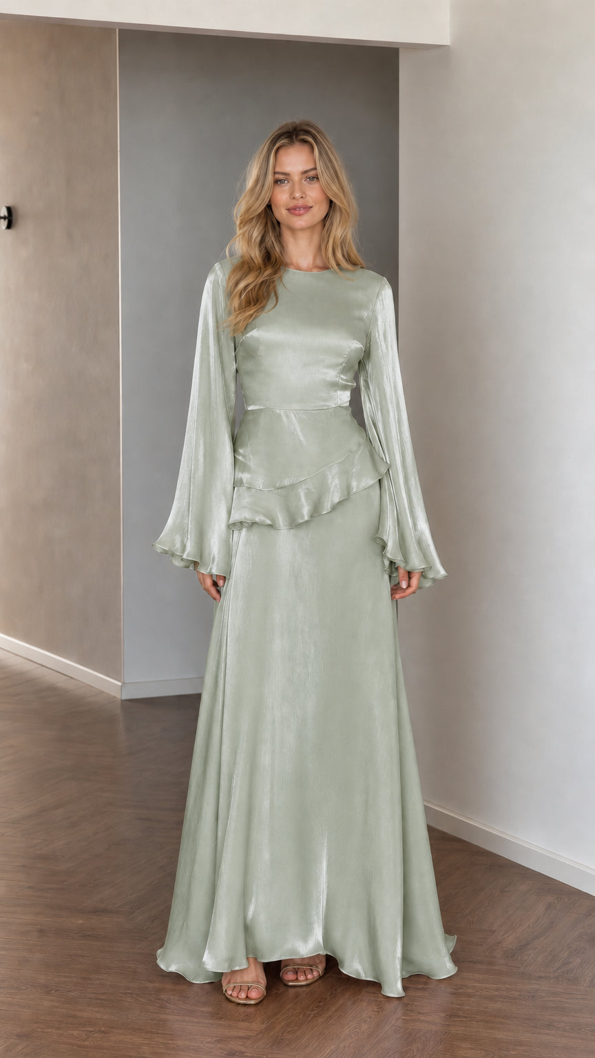 Front view of model wearing sage green satin long sleeve maxi dress