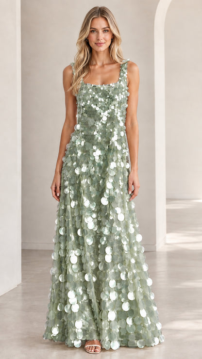 Front view of sage green sleeveless paillette sequin evening gown